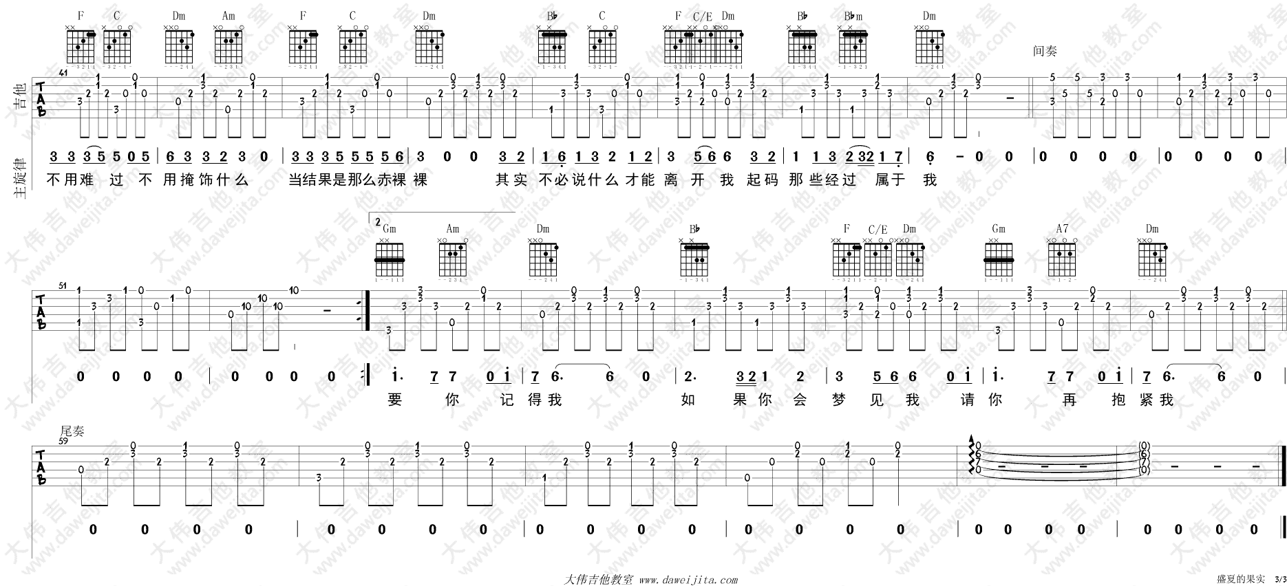 莫文蔚《盛夏的果实》吉他谱_吉他弹唱视频教学_C调版-吉他派