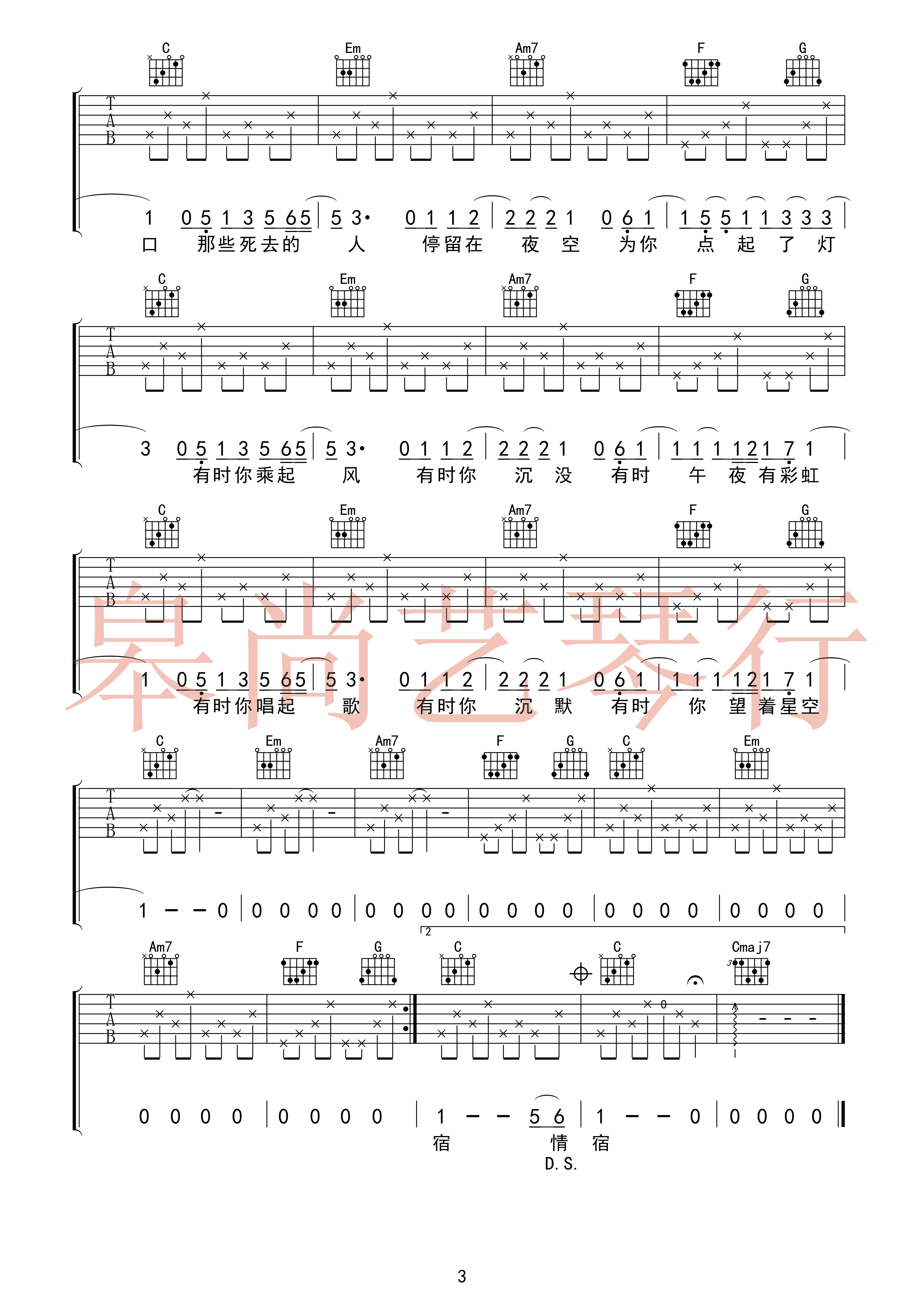 猎户星座吉他谱 朴树 C调简单版 原版弹唱谱-看乐谱网