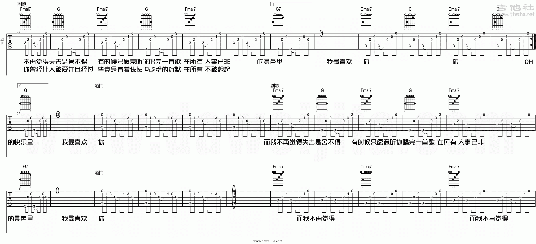 张悬《喜欢》吉他谱_C调简单版_弹唱六线谱_吉他帮