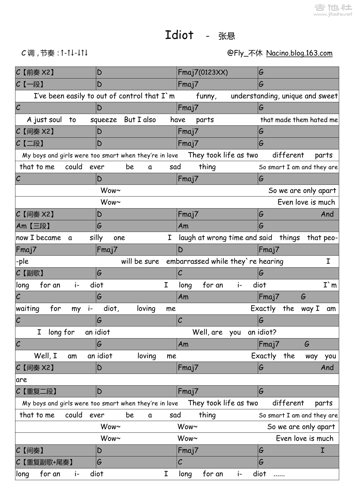 张悬《喜欢》吉他谱_C调弹唱谱_图片谱高清版 - 升诚吉他网