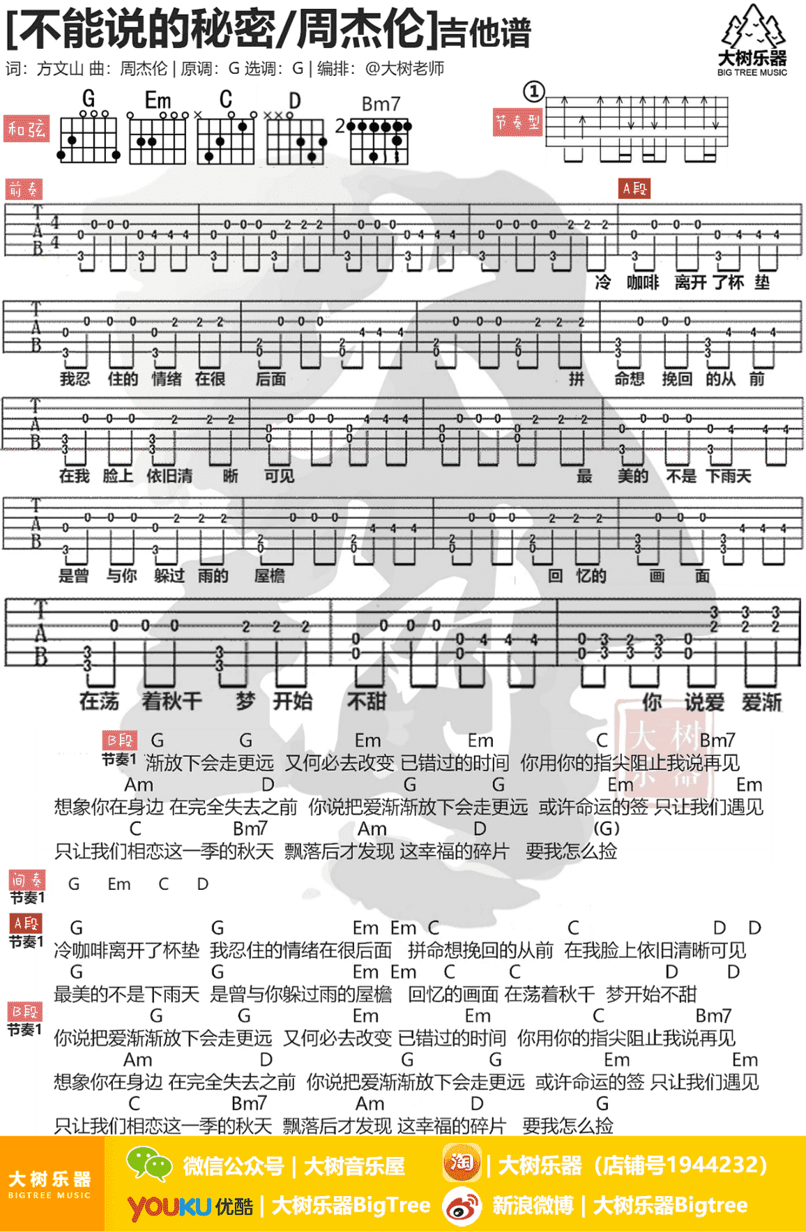 古典独奏曲谱《不能说的秘密》- 吉他谱 选用C调指法编配 - 中级谱子 - 六线谱(独奏/指弹谱) - 易谱库
