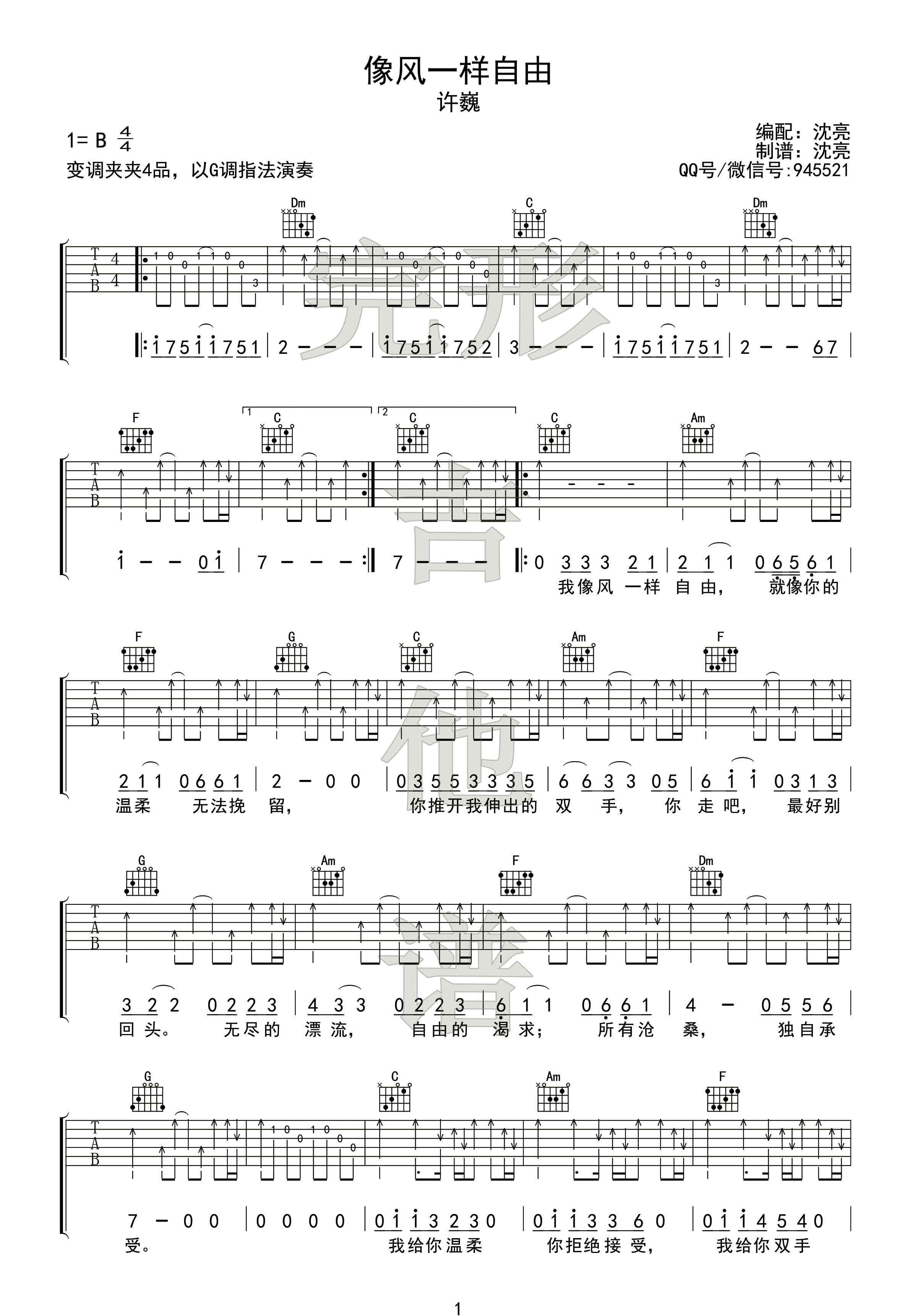 许巍《像风一样自由》吉他谱-C调_吉他谱_乐谱吧