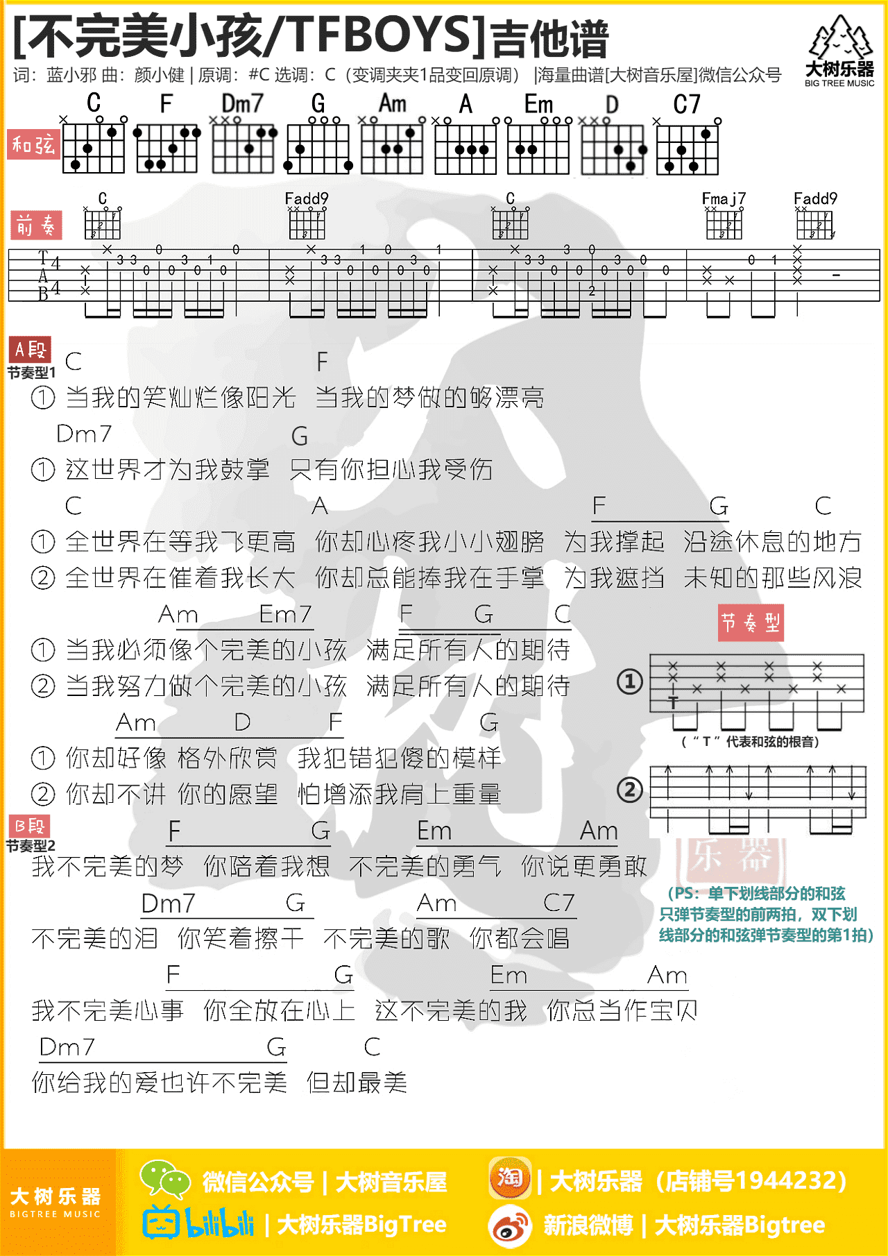 tfboys - 不完美小孩(tfboys/周冬雨) [弹唱 和弦谱 大树音乐 大树