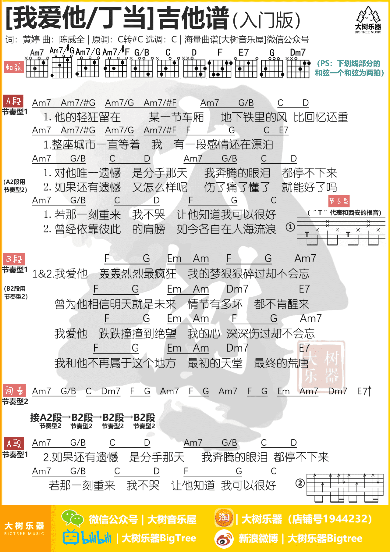 丁当《我爱他》吉他谱_C调吉他弹唱谱_入门版 - 打谱啦