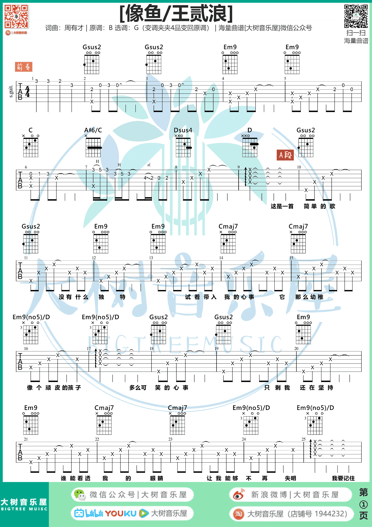 王贰浪像鱼大树音乐屋弹唱g调和弦吉他谱