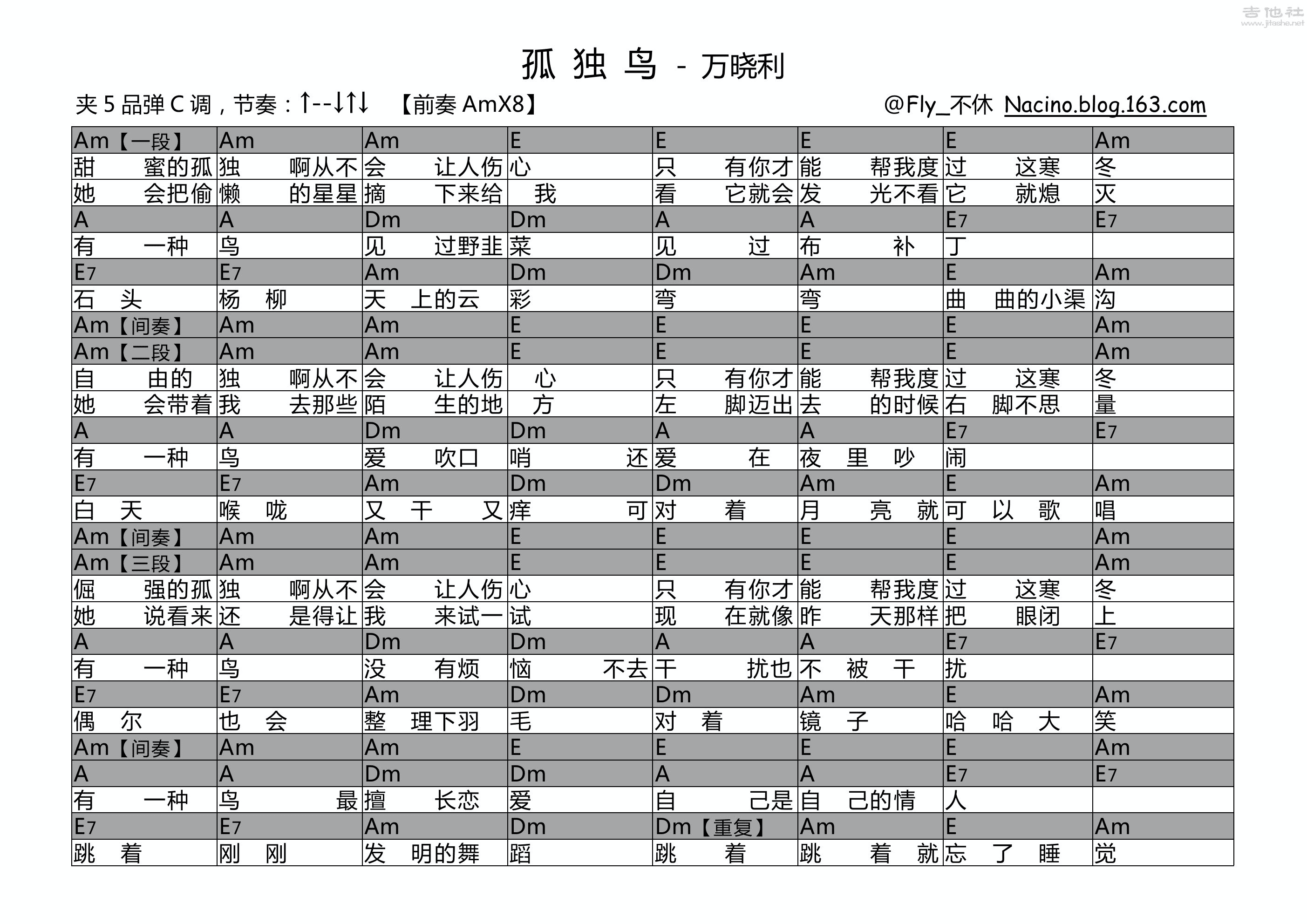 树枝孤鸟吉他谱,简单C调原版指弹曲谱,伍佰高清流行弹唱六线乐谱_ 吉他坊