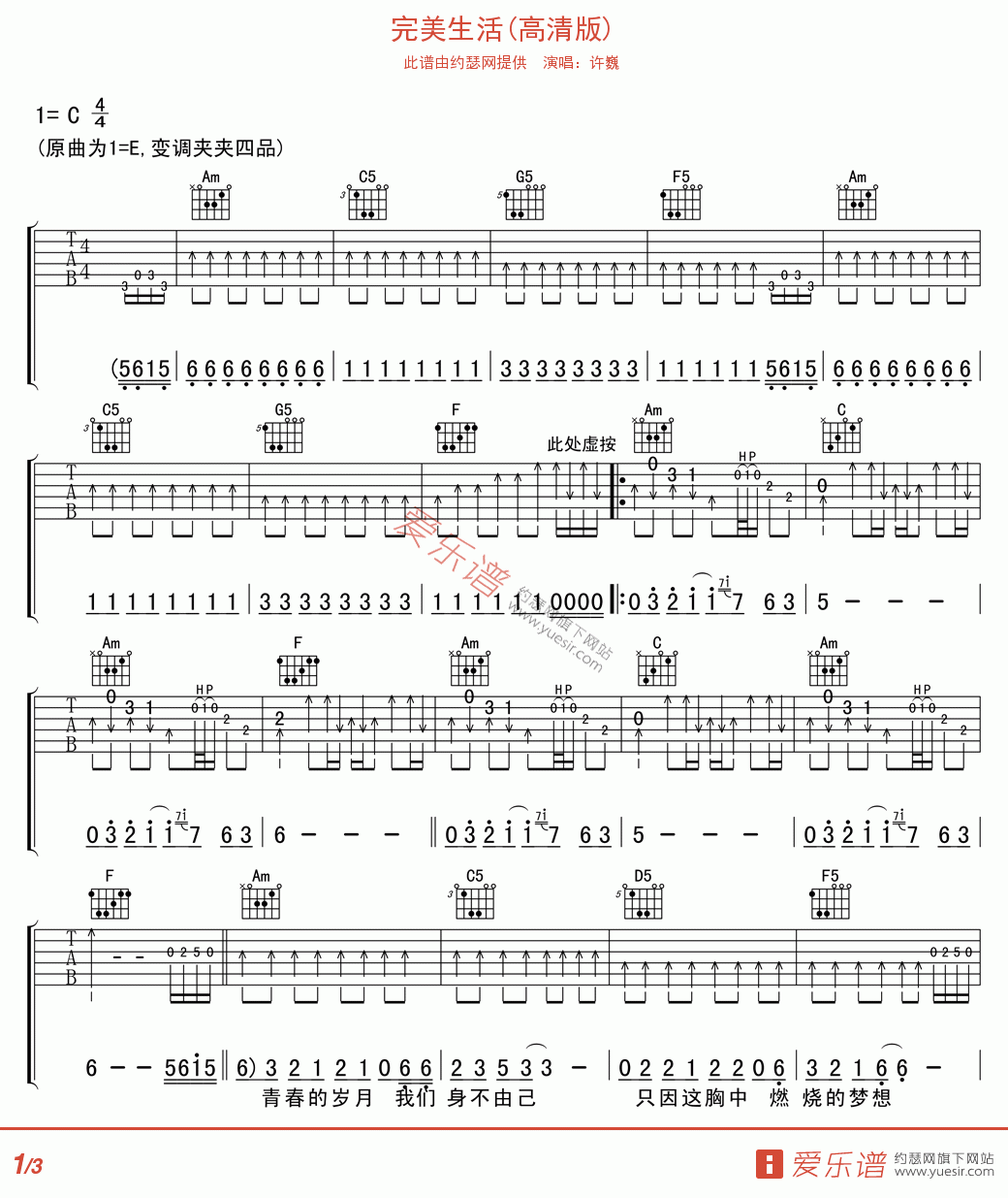 许巍 - 完美生活（悠音吉他课堂） [弹唱] 吉他谱
