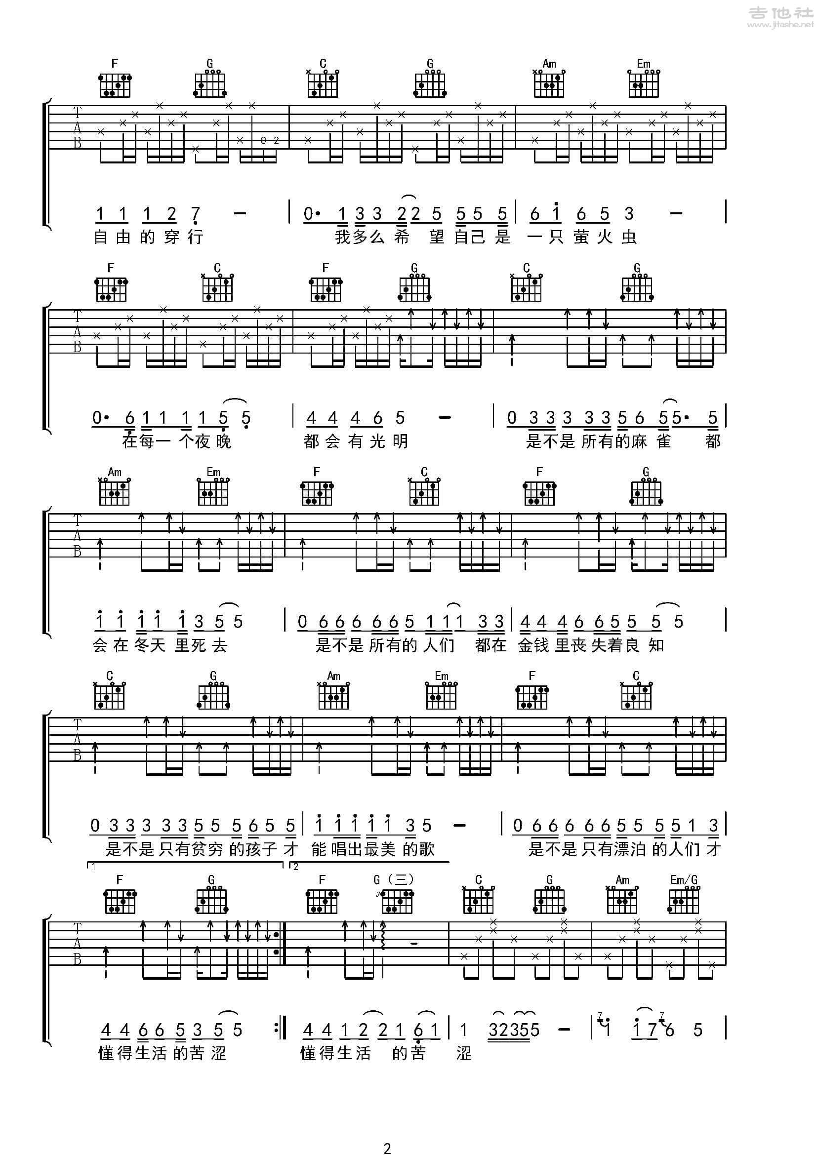 《天涯》吉他简谱初学者C调版 - 爱乐团初级和弦谱(弹唱谱) - 吉他简谱